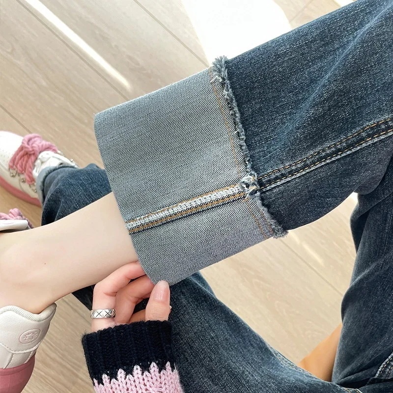 春春冬春用レディースコントラストカラーカールストレートジーンズ小柄な方向けハイウエストスリム9点バゲットパイプパンツ