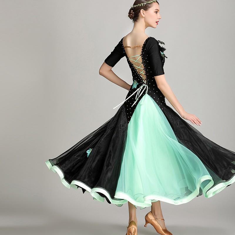 G　社交ダンス競技ドレス　豪華正装ドレス　競技会発表会ダンスウェア　花柄飾　ブラックロングワンピース 品番1031