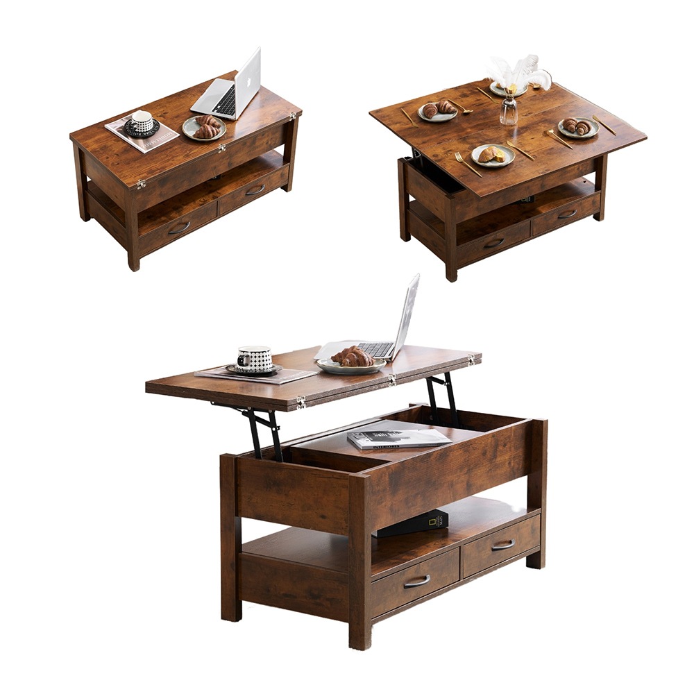 ローテーブル 収納付き センターテーブル 天板昇降式 天板2倍展開可能 大容量 簡単開閉 昇降式 収納テーブル おしゃれ 引き出し付き　欧米風