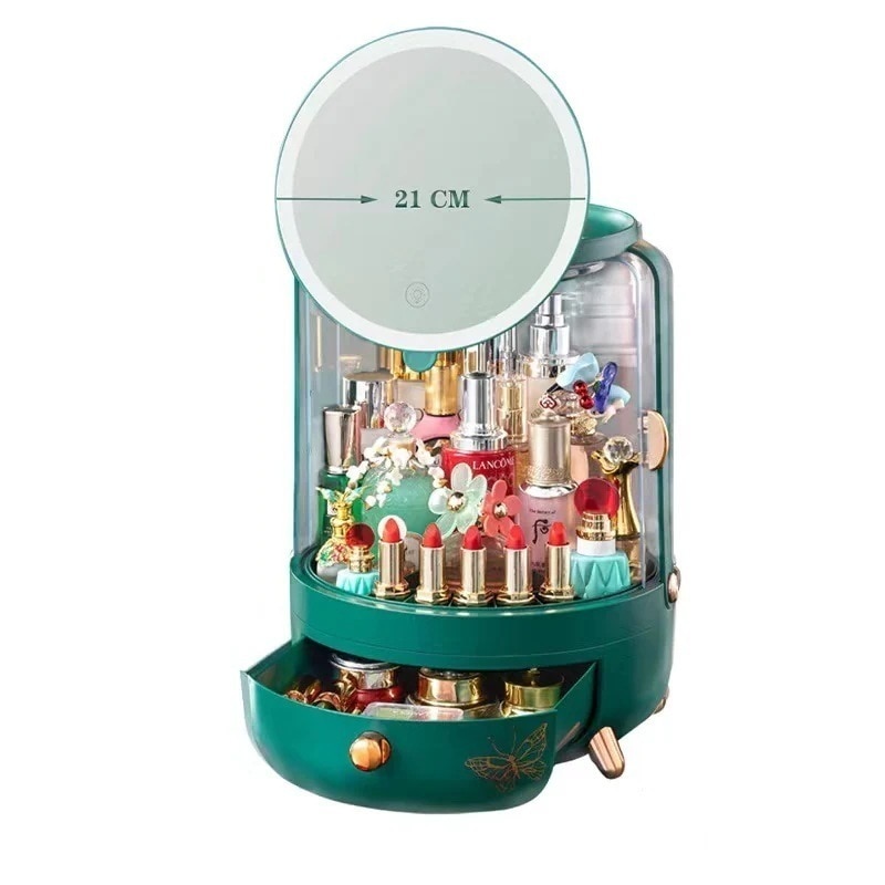 透明化粧箱360度回転ライト付きミラー付き化粧品収納箱デスクスキンケア用品収納化粧箱2716