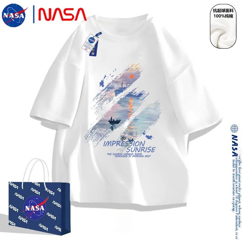 油絵プリントTシャツ男女兼用夏向けトレンドゆったりとした純綿グラフィティスタイル半袖