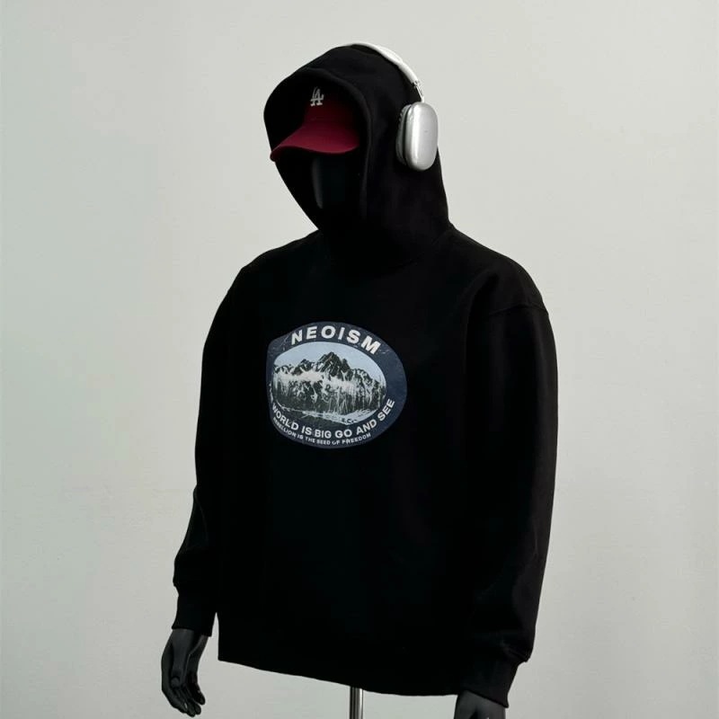 秋冬 コーデ メンズ 服 シンプル ファッション オシャレ 大人 かっこいい 大きいサイズ ストリート 紳士服 アメリカン 雪山 レター プリント フード付き スウェットシャツ 黒 カジュアル W 4