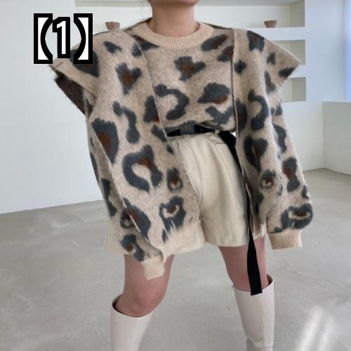 ヒョウ柄 ニット セーター レディース レオパード トップス 秋冬 デザイン ショール カーキ ブルー