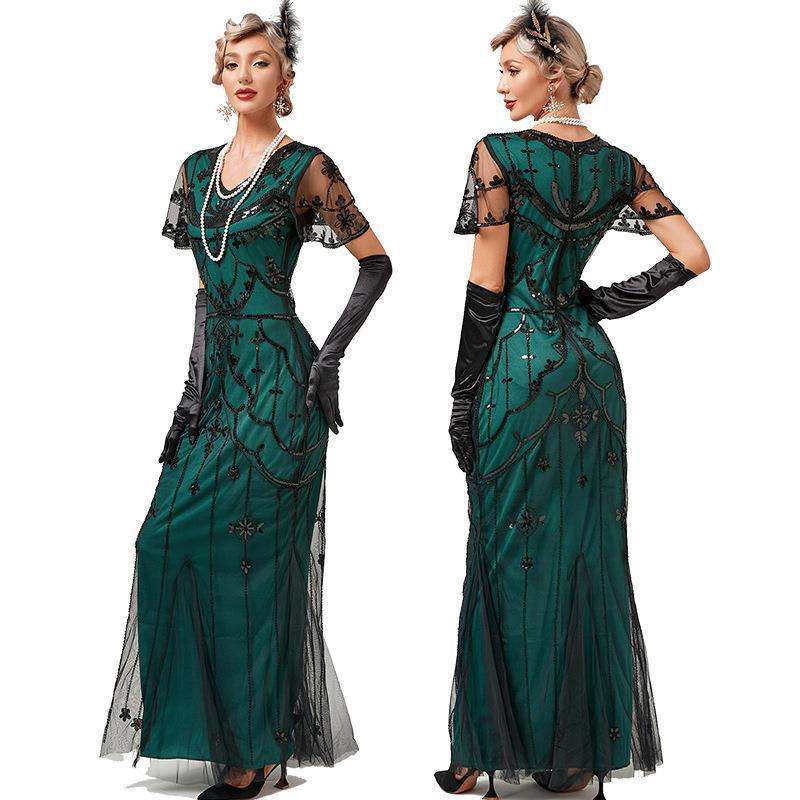 1920S レトロ ラメ ワンピース ファッション 半袖 フィット ドレス 宴会 イブニング ドレス ロング