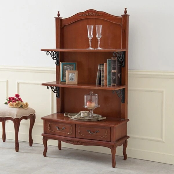 オープンラック 3段 引出し付 クラシック調 猫脚 幅80cm