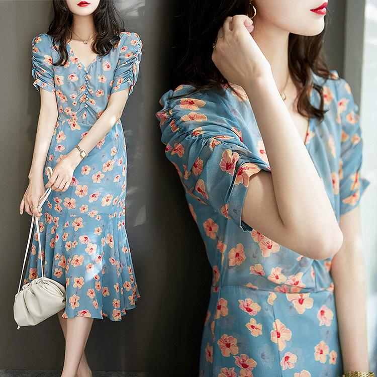 ワンピース レディース マキシワンピース 春夏新作 半袖ワンピース 花柄vネック マーメイドスカートオシャレ韓国風 大人 上品 結婚式ドレス 30代