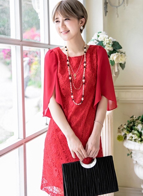 1728. シフォン袖レースドレス（レッド）2019 春夏 sale 結婚式 パーティー 発表会 二次会 謝恩会 女子会 入学式 同窓会 100,000円