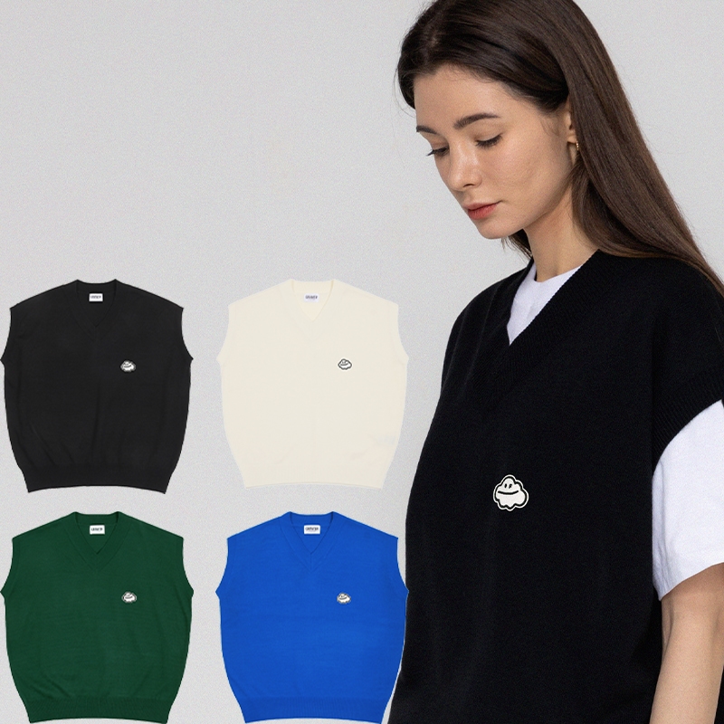 [UNISEX]雲スマイル刺繍ニットベスト_4color