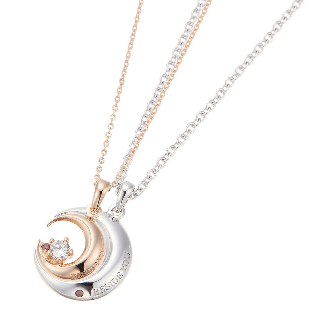 ペアネックレス レディース メンズ 三日月 レッドダイアモンド キュービックジルコニア シルバー92