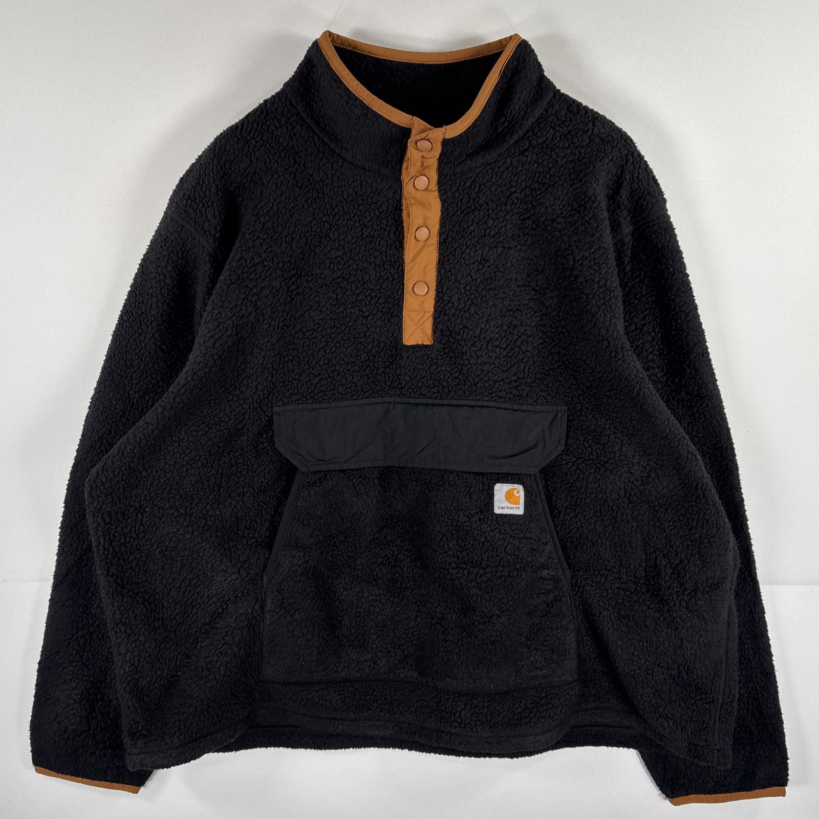古着 フリースジャケット ハーフ スナップボタン 大きいサイズ プルオーバー カンガルーポケット ボア 2XL ブラック メンズ