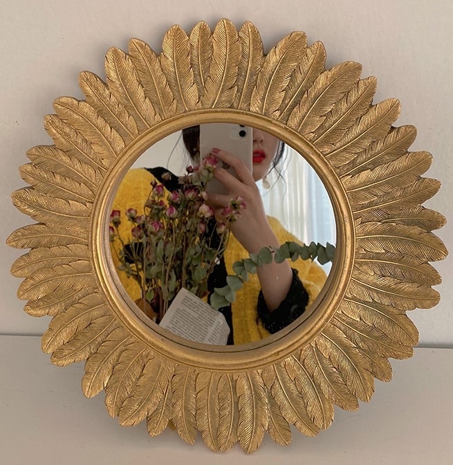 フラワーゴールドミラー鏡花型ひまわり丸サークル32cm×32cm韓国雑貨インテリアアンティーク北欧大