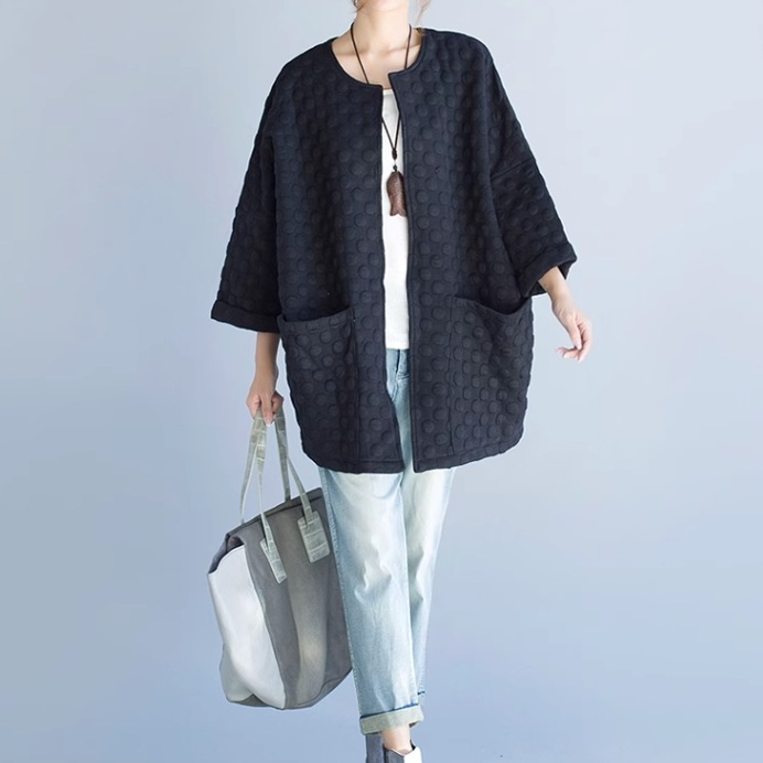 レディース ジャケット アウター ミディアム丈 7分袖 袖あり 襟なし スタンドカラー ポケット 前開き かわいい 大人可愛い シンプル カジュアル おしゃれ レトロ ラフ 個性的 ナチュラル