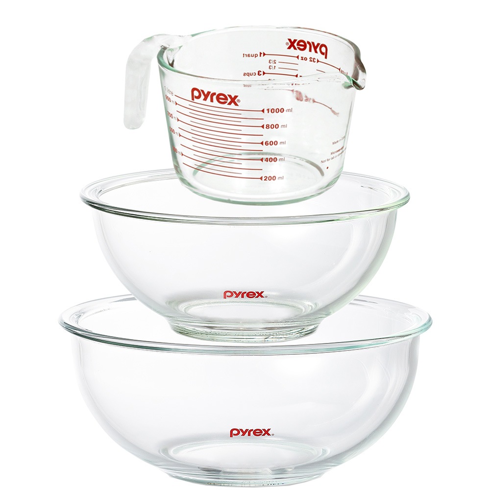 パイレックス計量カップ1000ml+ミキシングボウル1400ml+ミキシングボウル2400ml 3pセット