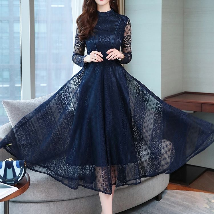 ワンピース レディース スカラップ バックジップ パイピング 透け感 ティアード フリル フォーマル ドレス パーティ ミモレ 長袖 レース 刺繍 チュール ハイウエスト 透け感 ハイウエスト 脚長