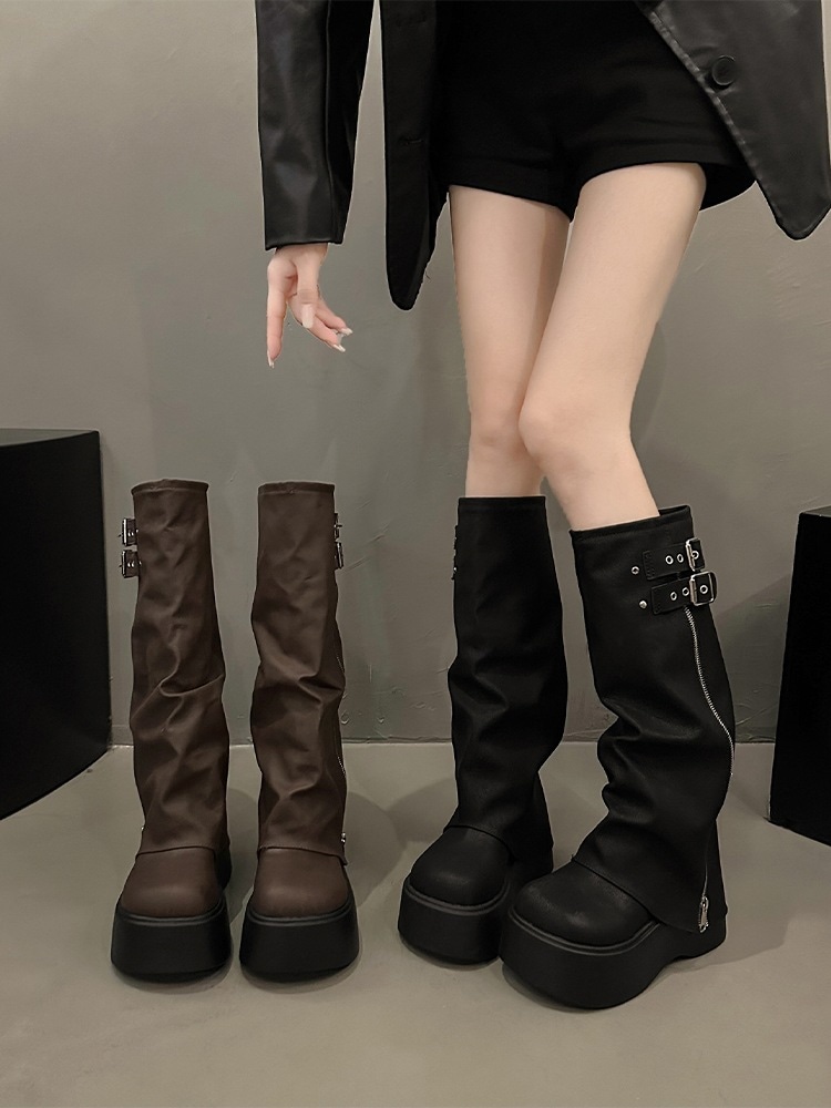 2025 韓国秋冬 5cm ヒール ベルト付き ロングブーツ 靴 美脚 脚長 色っぽ風 女っぽローヒールカジュアルフェイクきれいめ 大人っぽ 上品 ウエスタンブーツ PUエコゆったり フェミニン秋冬