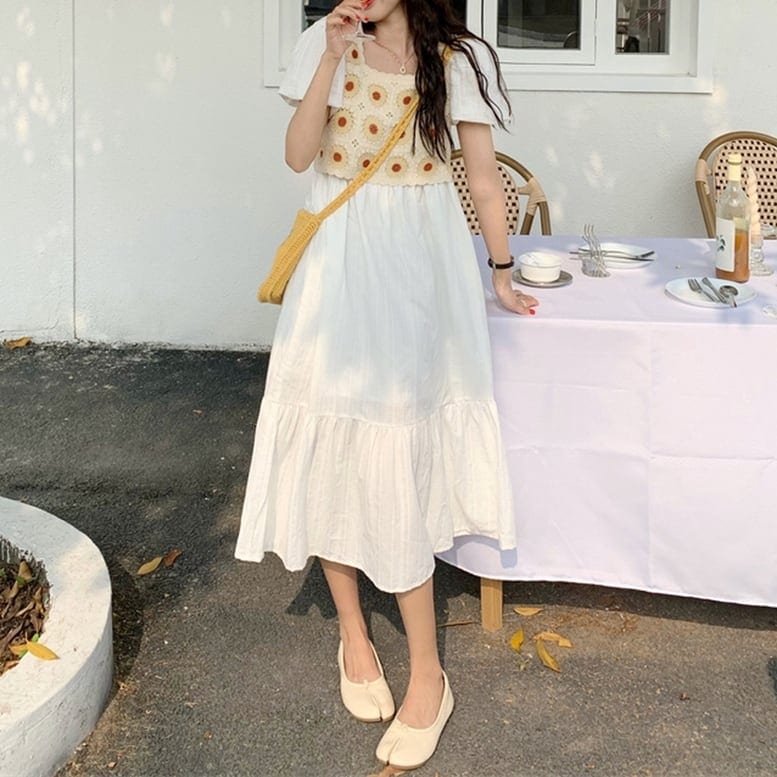 レディース 重ね着風ワンピース かぎ針ビスチェワンピース シフォンワンピ 花柄 刺繍 ベスト