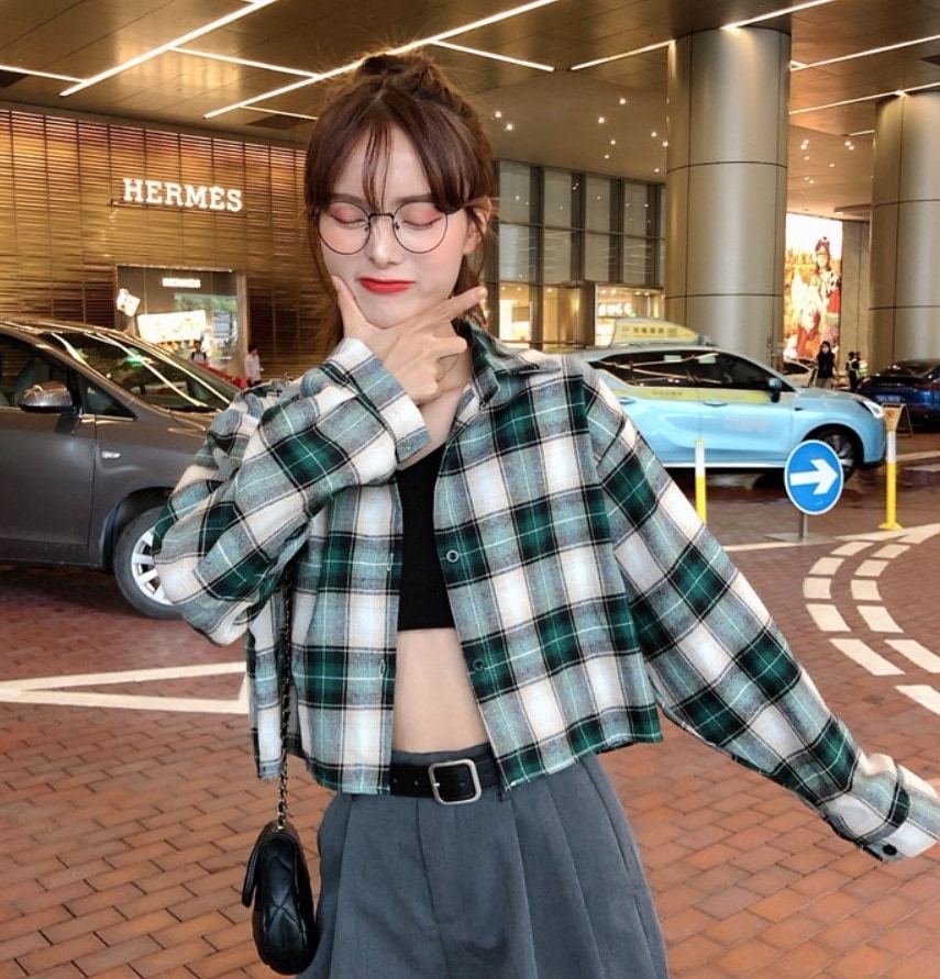 トップス デート モテアイテム シャツ ショート丈 チェック柄 コットン ルーズ 可愛い きれいめ 上品 おしゃれ かっこいい 可愛い ラブリー キュート ガーリー クール モード系 セクシー