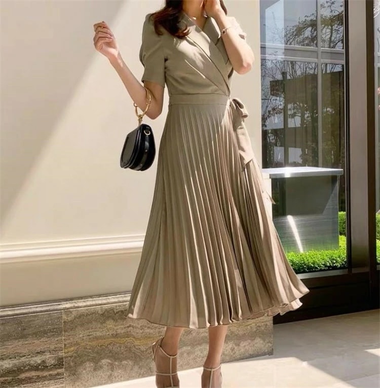 シフォン ワンビース レディース ロングワンピース 半袖 ロング丈 プリーツスカート フランス式 蝶結び ハイウエスト 中・長セクション 発表会 デート 大人 上品 懇談会 保護者会 ママワンピース