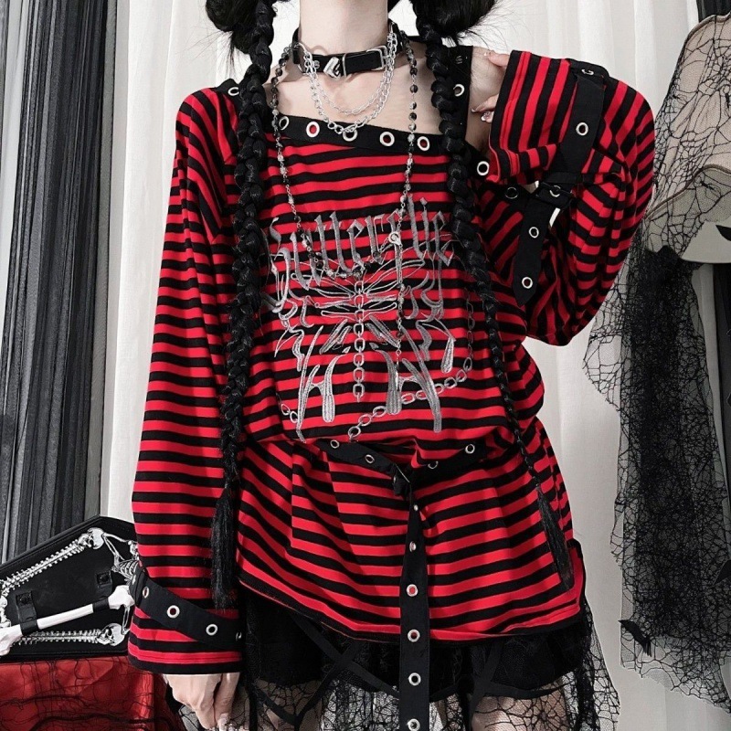 仮想蝶サブカルチャー パンク ルーズ オフショルダー刺繍黒赤青黒のストライプの初秋長袖トップ