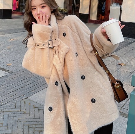 アウター コート ミディアム丈 袖あり 長袖 ドロップショルダー 襟付き デザイン ダブルブレスト オーバーサイズ ビッグシルエット 美ライン ニュアンス モコモコ ふわふわ 前開き ヴィンテージ風