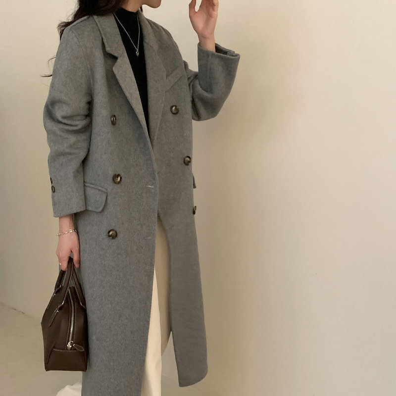 グレー両面カシミヤコート女性2025年新型秋冬正肩h型小柄スーツ金毛コート