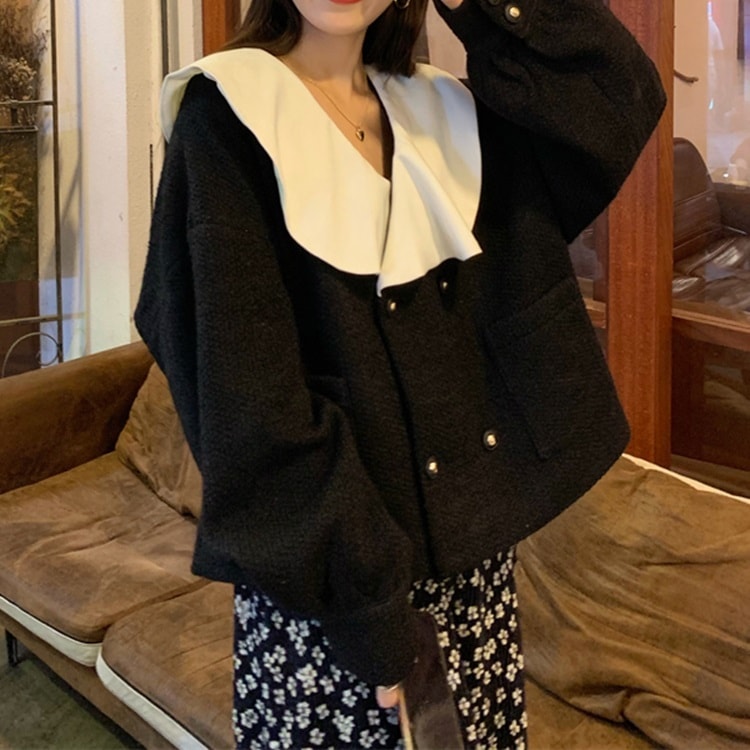 トップス ジャケット 秋冬 ゆったり ショート ツイードトップ ビッグカラー フリル ダブルブレスト ルーズフィット ポケット 長袖 フェアリー バイカラー レトロ かわいい 着やすい 華やか