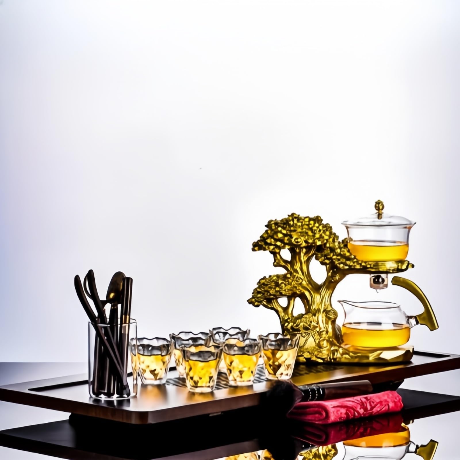 Coeokss 台湾茶器セット ティーポットセット クリエイティブ 磁気 ティーポット 350ml セミ自動 ティーメーカー レイジーティーポット 耐熱 ガラス 紅茶 入れる道具 フォーチュンツリース