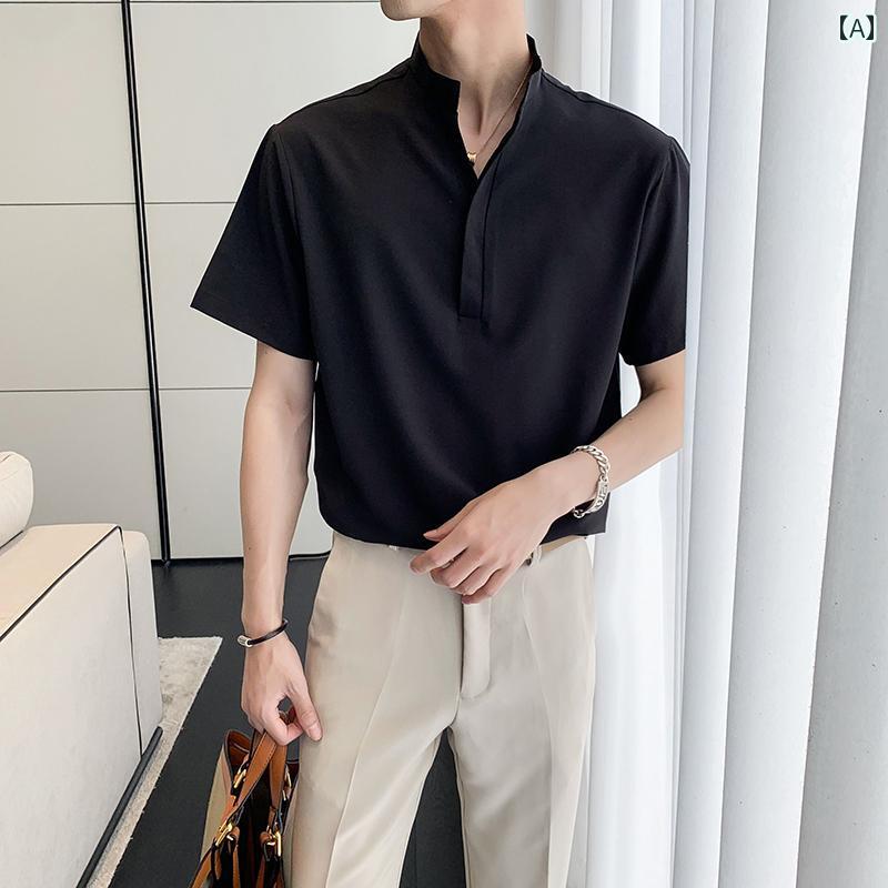 Yシャツ メンズ トップス シャツ おしゃれ スタンドカラー 半袖 七分袖 夏 休日 カジュアル オフィス スタイリッシュ アーバン 大人 紳士服