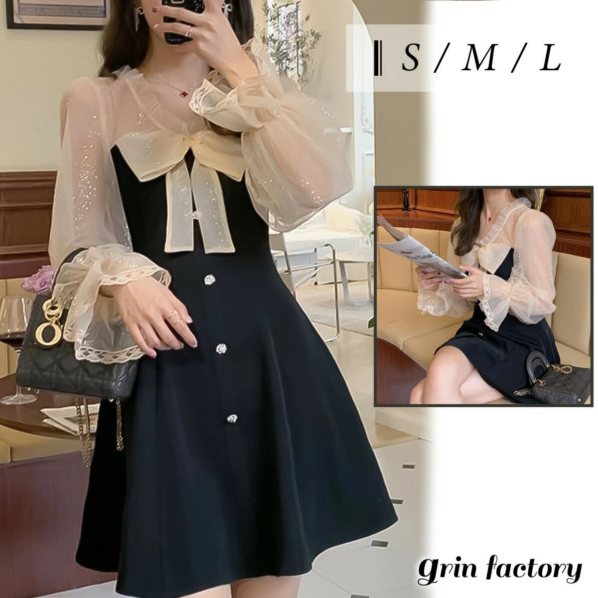 【国内発送】ワンピース ホーンスリーブ 長袖 綺麗め シースルー フリル レトロ レディース ワンピ ドレス フレア おしゃれ シフォン パーティー ミニワンピ ミニドレス フリルワンピ [J] [K