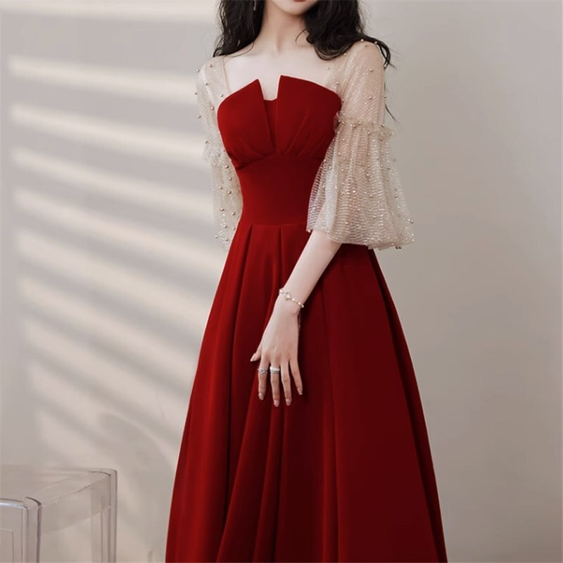 ドレス パーティドレス 二次会ドレス ミモレ丈ドレス ミモレ 半袖 スクエアカラー かわいい きれいめ シンプル 大人 上品 おしゃれ かっこいい ビーズ 20代 30代 レディース パーティー