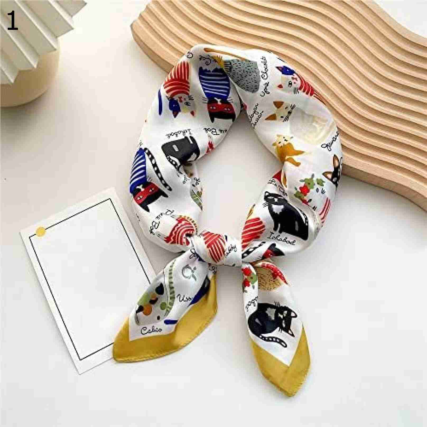 【20%OFFクーポン～】女性ヒジャーブショールかわいい猫プリントカジュアルサテン小さな正方形ラップスカーフ多機能ポリエステルスカーフ スカーフ (Color : Beige Size : 70x