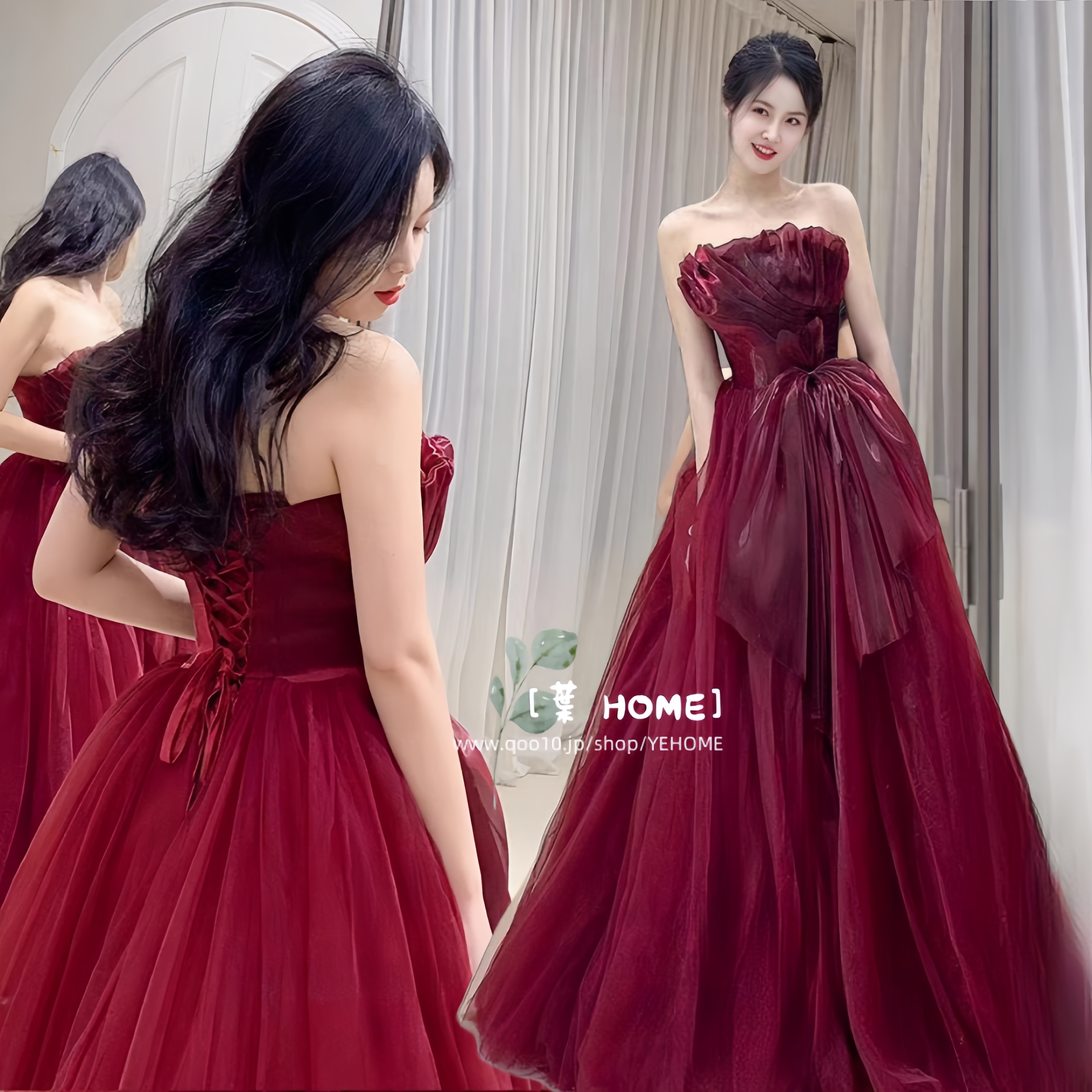 [葉 HOME] パーティードレス ウェディングドレス ワインレッド 花嫁ロングドレス 結婚式 二次会 エレガント お呼ばれ 挙式 簡約 姫系発表会 コンサート パーティー 韓国ファッション