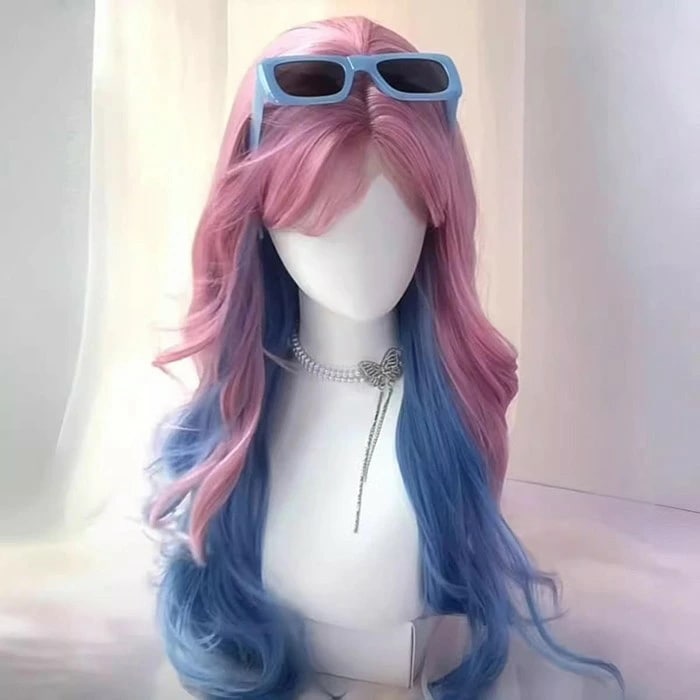 ウィッグ フルウィッグ 長髪 ブルー×パープル ロング 巻き髪 ロングウィッグ ハロウィン 原宿風 かつら コスプレ 可愛い コスチューム 仮装 大人用 普段使い 文化祭 イベント 学園祭 演劇 舞台