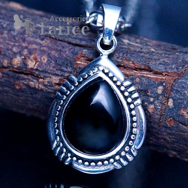 天然石 オニキス装飾 縁取り銀の玉飾りドロップデザイン メンズ＆レディース インディアンジュエリー シルバー925 ペンダント ネックレス