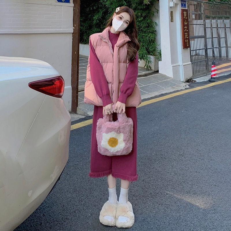 ビッグヤード女性韓国ソリッドカラーニットワンピース女性秋冬新作カバー肉薄ウエストコートアウタースーツ