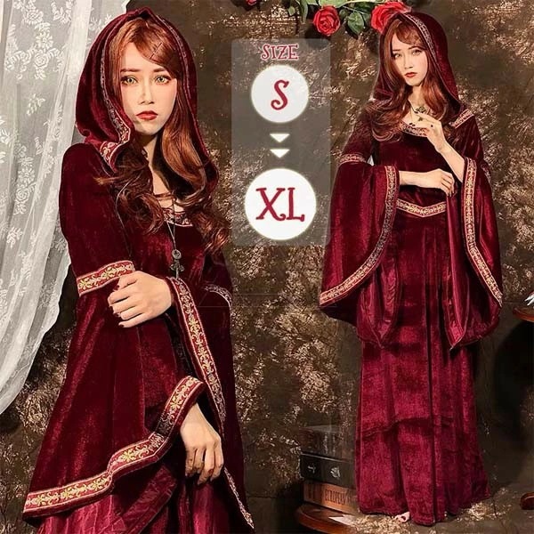 コスプレ ハロウィン 宮廷衣装 ワンピース コスチューム レディース ドレス 中世 ヨーロッパ風 西洋 魔女 ウィッチ 魔法使い フード付き 吸血鬼 バンパイア コスプレ衣装 ワインレッド 舞台 衣装