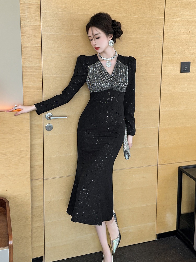 【JY.上品】 マーメイド キラキラ 秋冬 Vネック ドレス パーティー キャバ 大人 同窓会 披露宴 卒業式 結婚式 成人式 ウェディング 二次会 メガ割