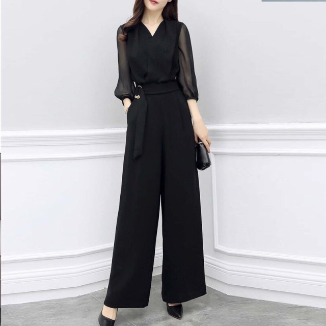 【2025新作入荷】オールインワン ワイドパンツ ボトムス パンツ ロング ロング丈 袖あり Vネック カシュクール 襟なし シフォン ベルト ウエストマ