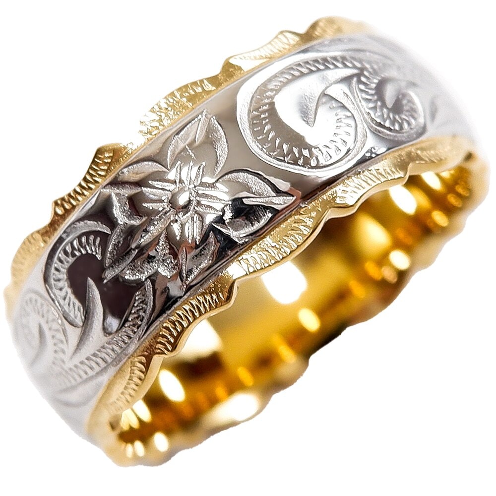 ハワイアンジュエリー リング レディース メンズ K14ゴールドコーティング プルメリア スクロール