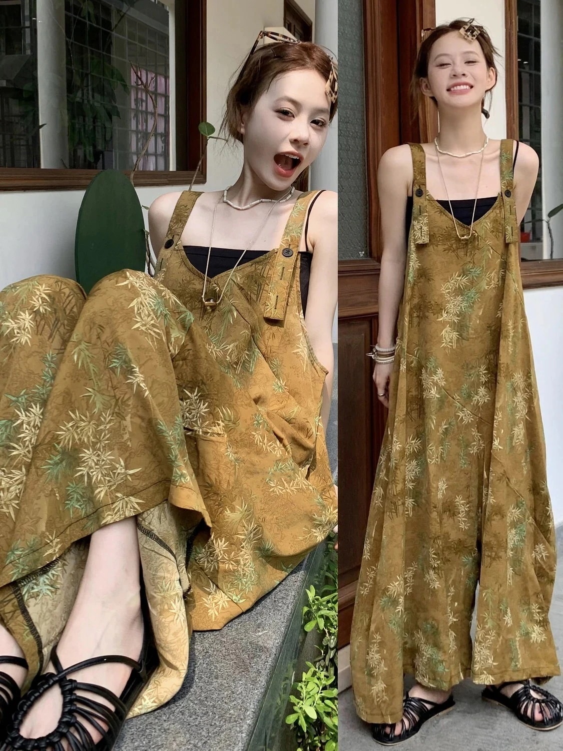 新作 サロペット ゆったりカジュアルVネックタイツ夏涼しげ白マスタードグリーンバックワイドパンツ 百掛け 着痩せ