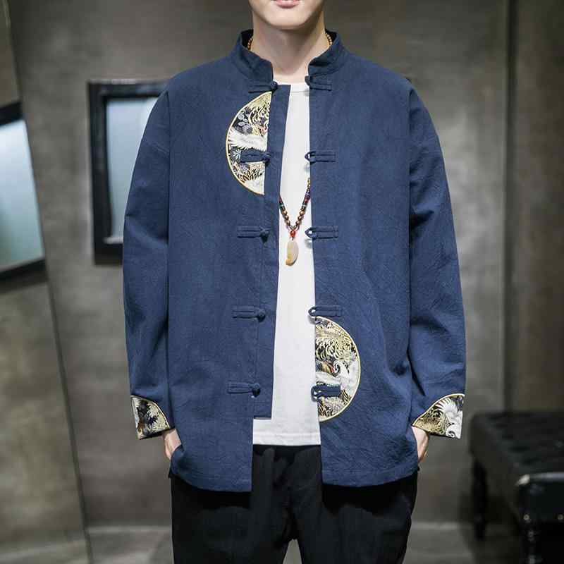チャイナ シャツ メンズ 中華風 春秋 カジュアル レトロ トップス 長袖 漢服 チュニック ジャケット コットン リネン ブラック ブルー