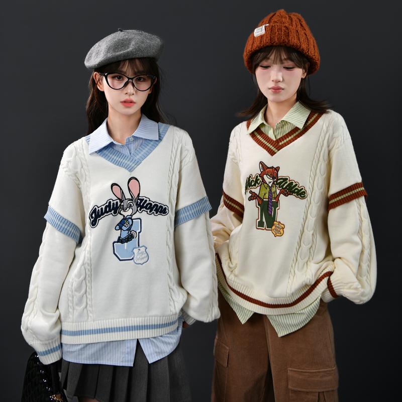 狂った動物城森女部族オリジナルシャツ襟偽2枚デザイン感初秋学院風セーター女