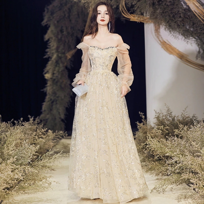 演奏会用ドレス ステージドレス 花柄刺繡 パーティードレス 華やか キラキラ 舞台衣装 袖あり 声楽 ピアノ 発表会 Aライン 体型カバー 個性的 上品 二次会 謝恩会 発表会