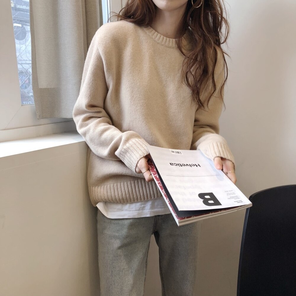 3色 トップス ニット セーター レディース 秋冬 かわいい きれいめ ゆったり 長袖 萌袖 ラウンドネック ブルー ベージュ オレンジ S M L XL 大人可愛い シンプル カジュアル 大人 上品