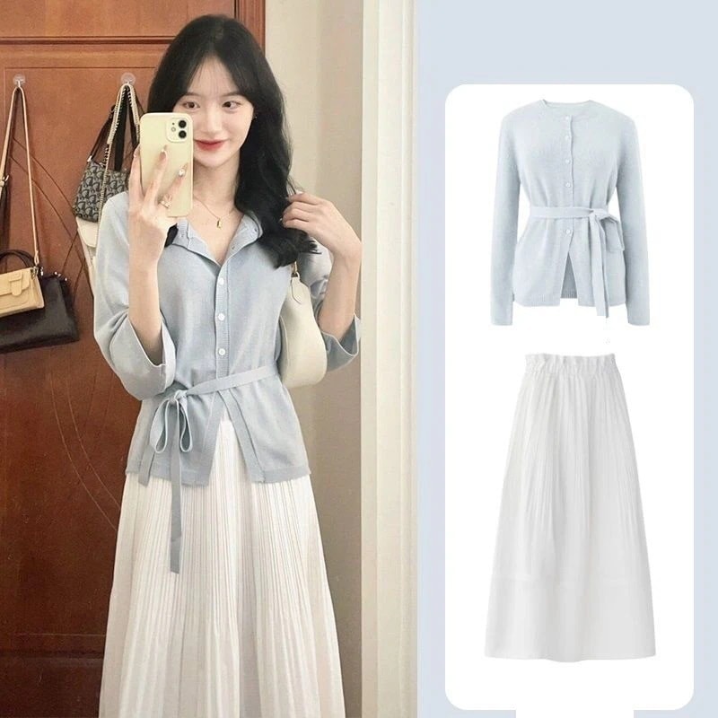 【急速発送】春夏ムード高級感セレブトップススカート2枚セット女優しい雰囲気のデートラブリー夏服韓国オンニ甘めコーデオフィスカジュアル秋の万能アイテム