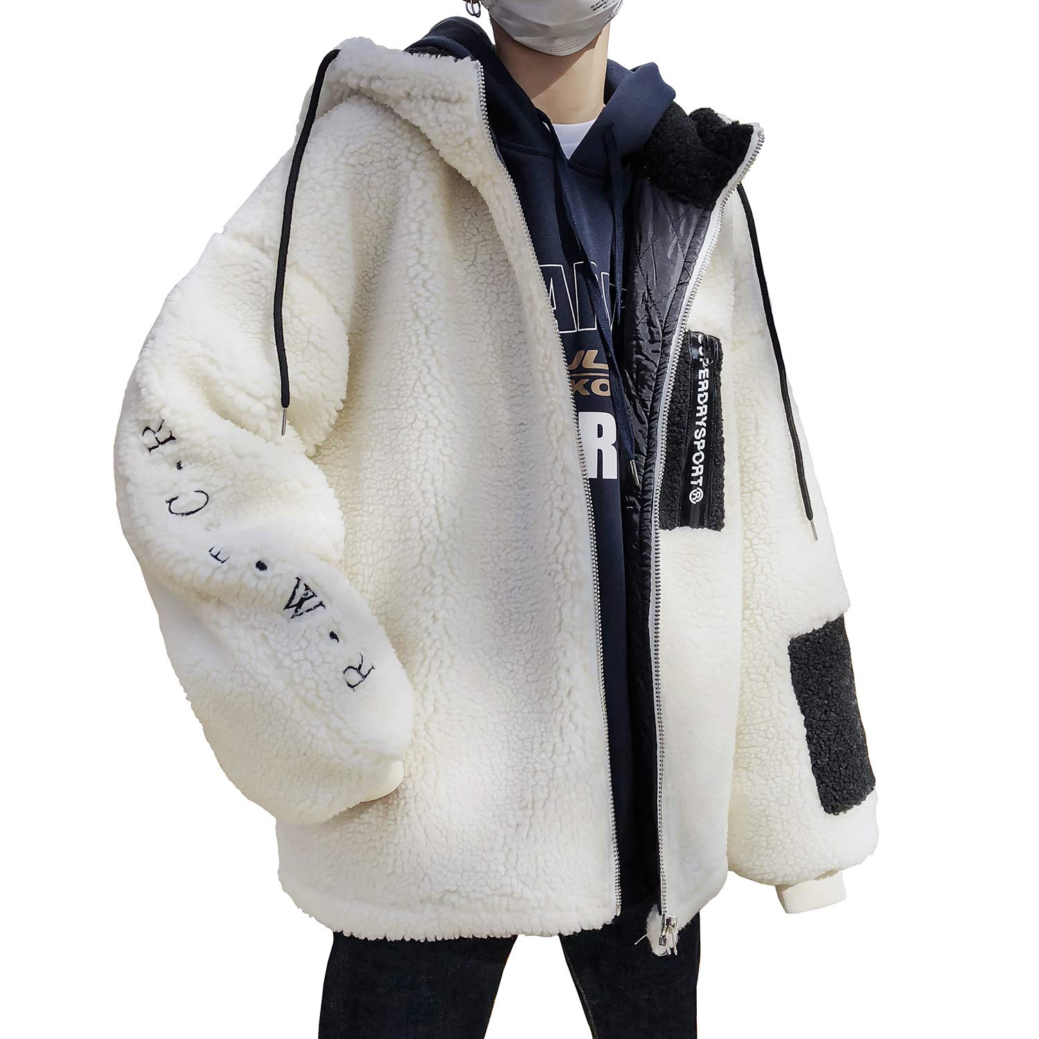 [Bormran] ボアジャケット メンズ ボアブルゾン フリースジャケット ジャンパー ジャケット ボアコート アウター もこもこ 防寒 厚手 パーカー 冬服 (L, ホワイト)