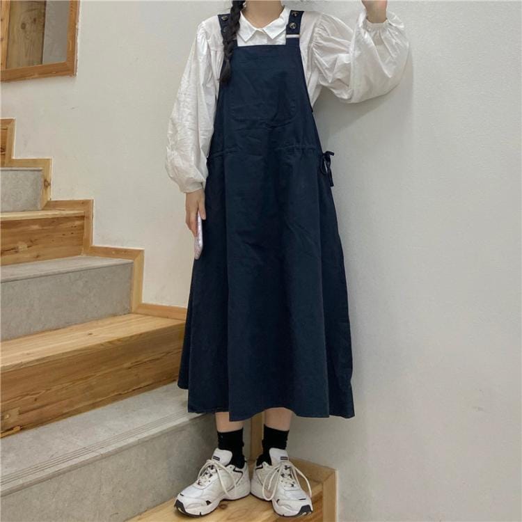 セットアップ レディース 上下 2点セット サスペンダーワンピース 白シャツ トップス セット ロングスカート 長袖ワンピース ランタンスリーブ 長袖 ロング シャツ インナー 大人可愛い きれいめ