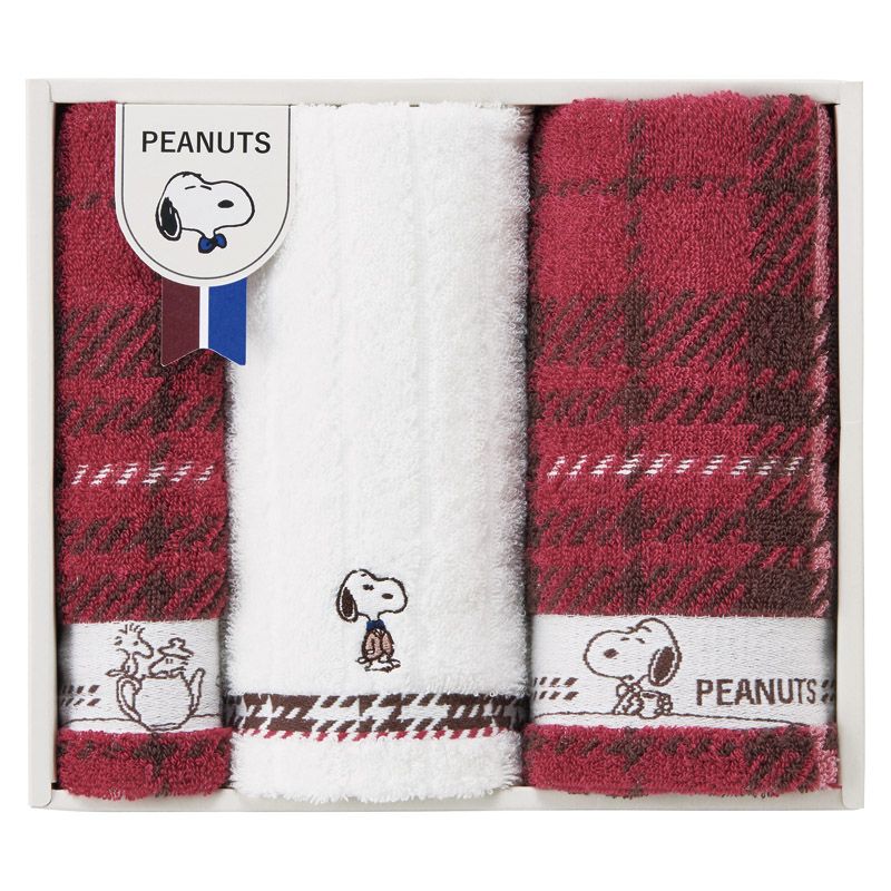 スヌーピー チェック フェイスタオル2P&ウォッシュタオル