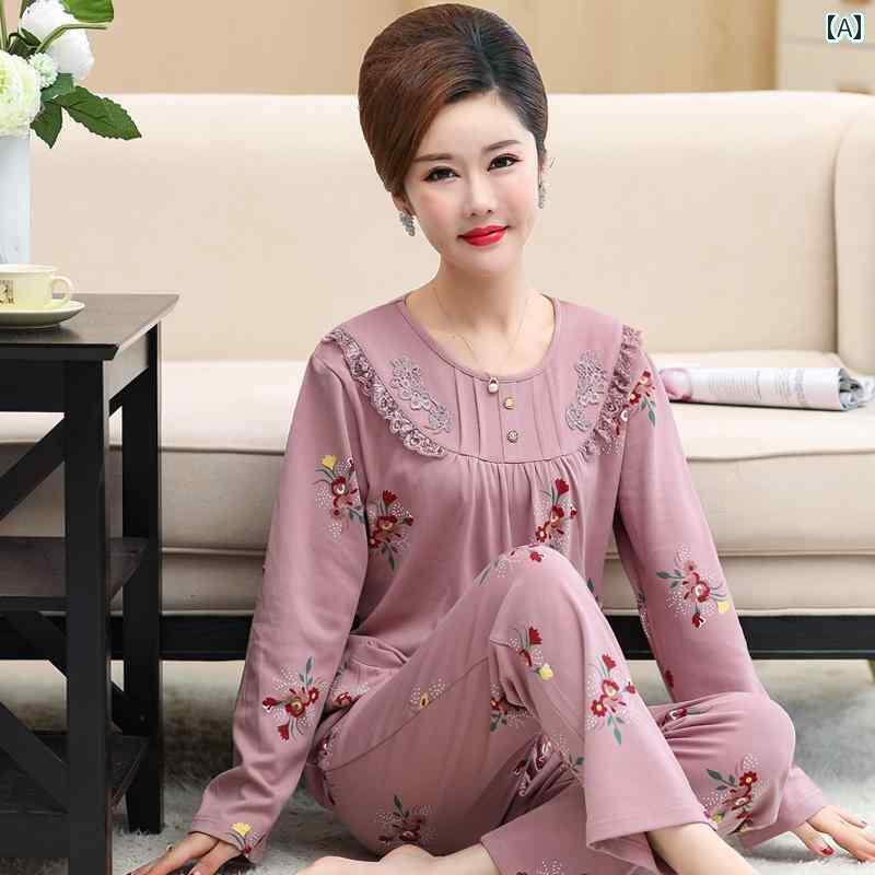 ルームウェア 部屋着 レディース 長袖 婦人 ミセス 高齢者 パジャマ 春秋 綿 薄手 ラウンドネック 大きいサイズ ホームウェア セット