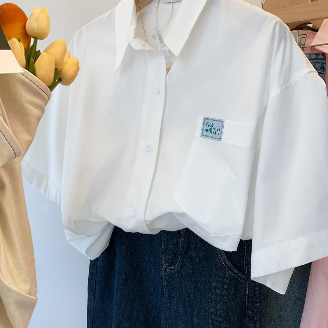 フレンチ 白 シャツ レディース アウター 春夏 薄手 シャツ 学生 ゆったり 半袖 トップス レディース おしゃれ1382
